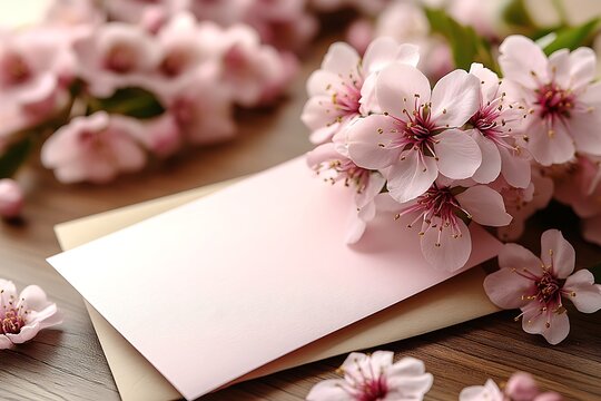 Pink blossoms rest on a blank card and envelope