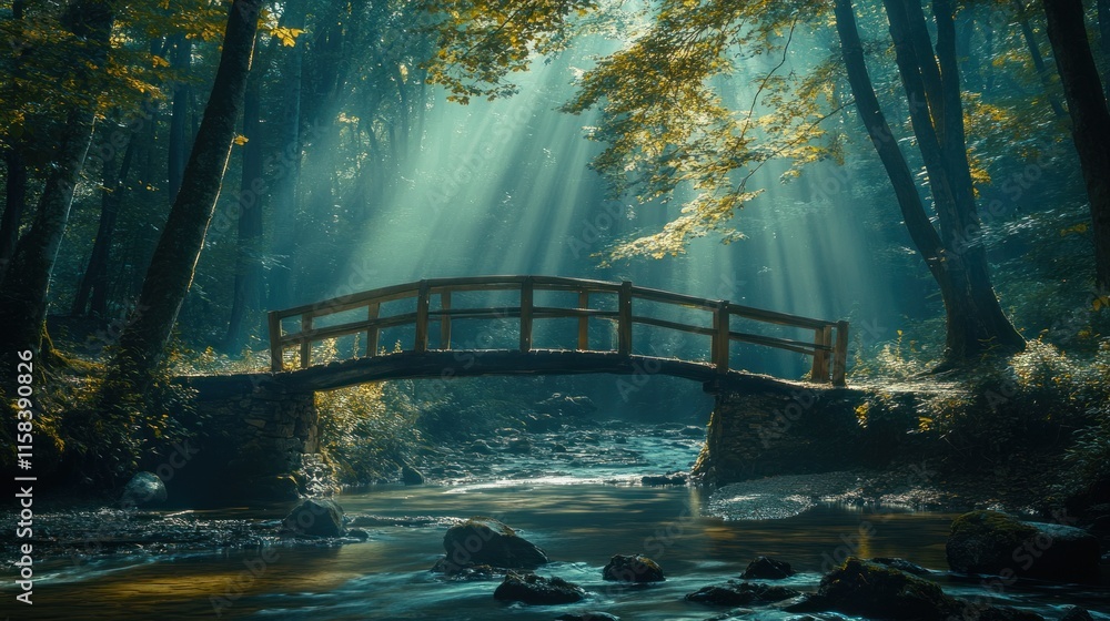 Poster sunbeams illuminate a rustic wooden bridge over a tranquil forest stream.