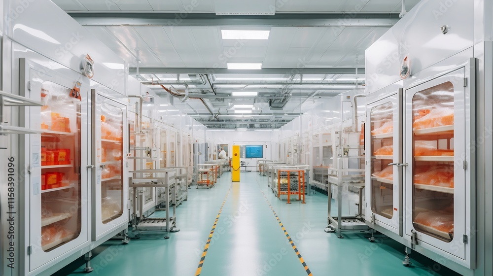 Poster streamlined and automated production of individually packaged frozen meals in a clean bright and hig
