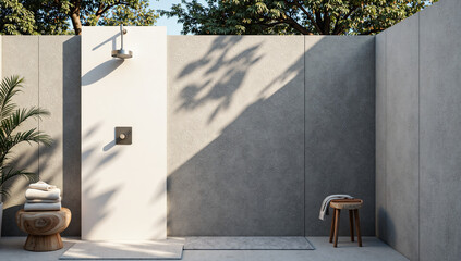 Tranquil outdoor shower space with natural light and minimalist design, 3d rendering of interior design concept.