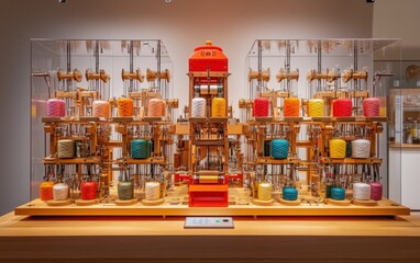 Intricate artistry! A modern spinning machine showcases vibrant colored threads, a mesmerizing display of textile craftsmanship.