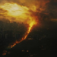 Fototapeta premium Apocalyptic Fiery Inferno Engulfing Futuristic Urban Skyline in Dramatic Chaos and Destruction