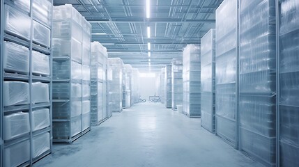 Fototapeta premium Interior view of a well organized and temperature controlled cold storage room filled with a variety of frozen foods such as vegetables fruits meats seafood