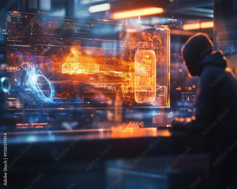 Leinwandbilder hooded figure working at a futuristic computer interface displaying a dynamic, orange energy-based 3