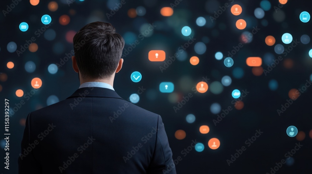 Poster businessman in suit observing digital network concept with colorful icons representing communication