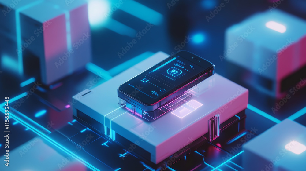 Poster abstract phone and square box concept digital technology futuristic modern cryptocurrency blockchain