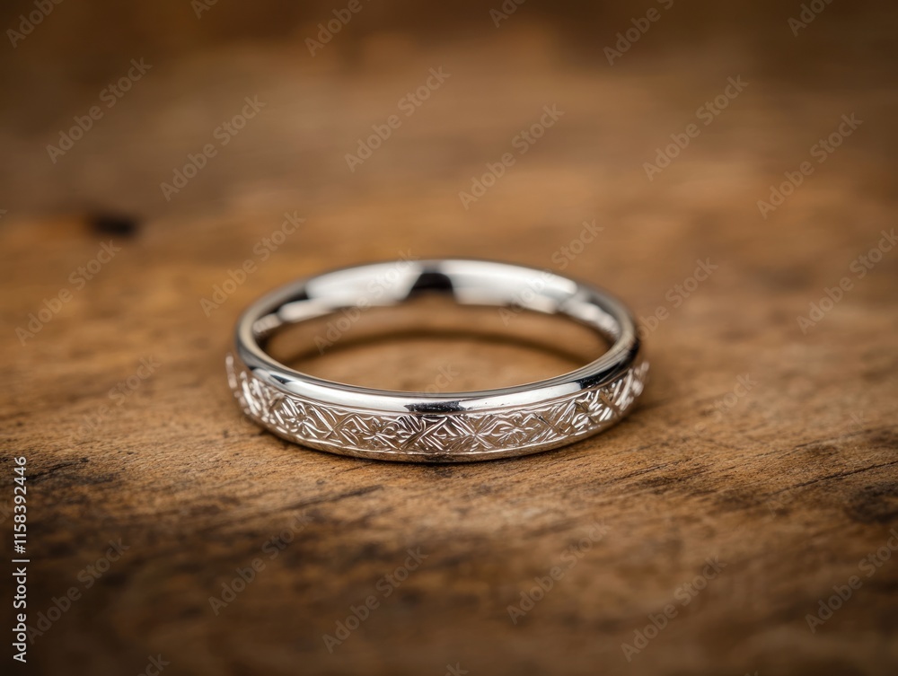 Poster close-up of a silver ring with an intricate engraved design, resting on a wooden surface.