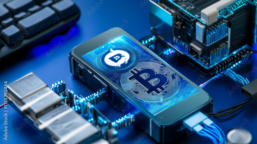 Poster abstract phone and square box concept digital technology futuristic modern cryptocurrency blockchain