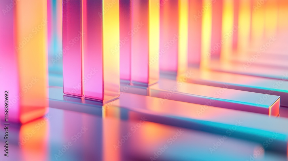 Poster abstract vibrant pink, orange, and yellow glowing glass rectangular columns and bars reflecting on a