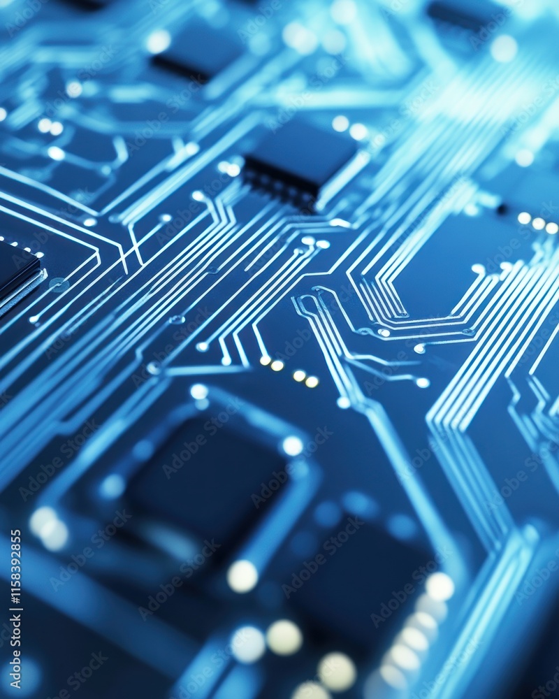 Aufkleber close-up of intricate blue circuit board with microchips and pathways.