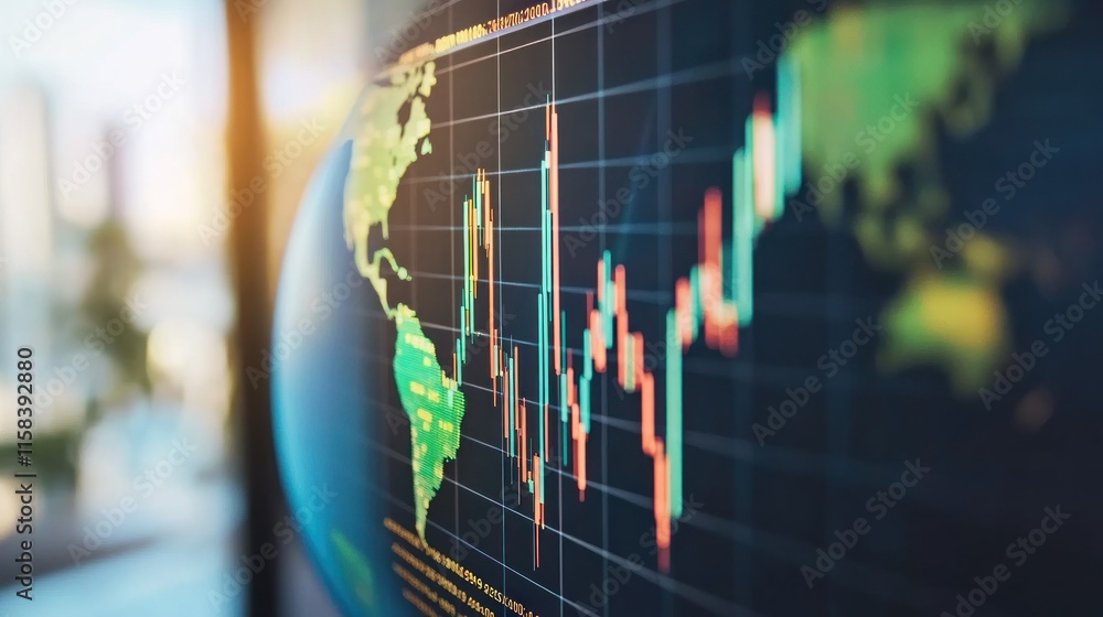 Poster Global stock market data displayed on a screen showing fluctuating graphs overlaid on a world map.