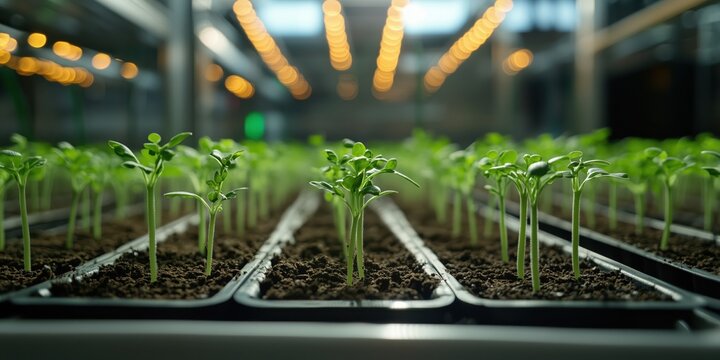 Vibrant young seedlings in trays under greenhouse lights - Powered by Adobe