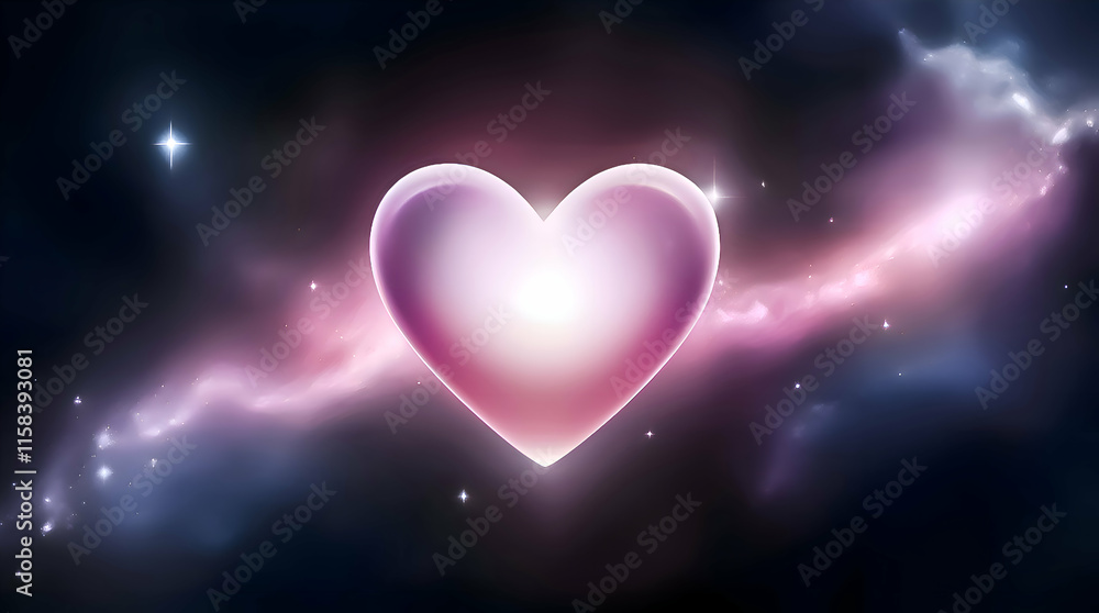 Poster a glowing heart in the center of a dark galaxy background surrounded by shimmering stars and nebulae