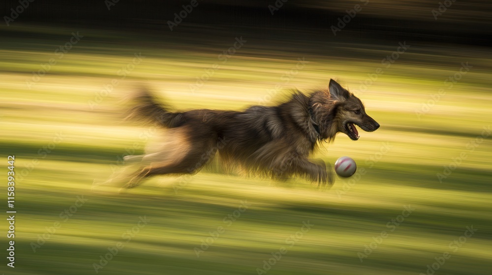 Poster motion blur photo of a dog running fast with a ball in its mouth across a field.