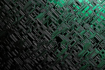 This vector illustration features a gradient green-black circuit board background, highlighted by an abstract technology pattern resembling interconnected circuitry.