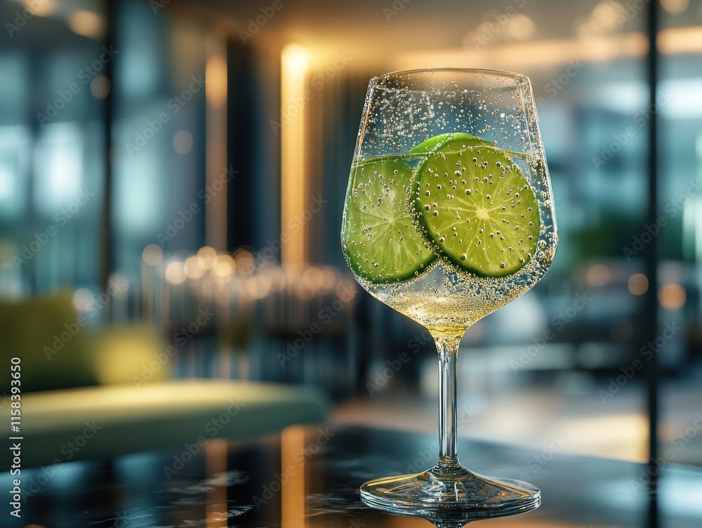 Poster sparkling water with lime slices in a wine glass on a table.