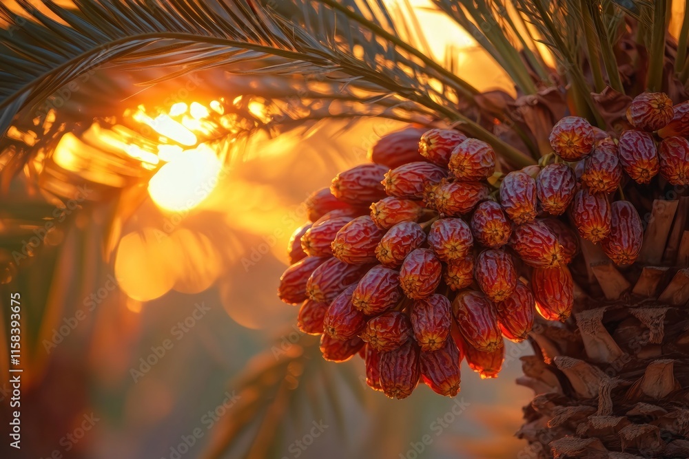 Poster close-up of ripe dates on a palm tree branch at sunset.