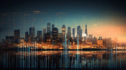 Fototapeta premium Stunning modern city skyline featuring a mix of high rise buildings and digital financial graphics and analytics overlaying the urban landscape
