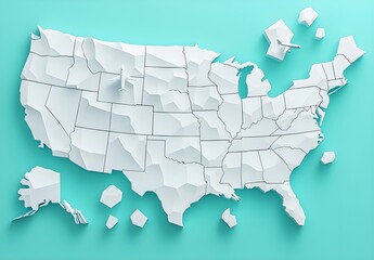 Creative 3D White Paper Map of the United States on a Bright Teal Background Representing Geography, Travel, and Education in a Modern Design