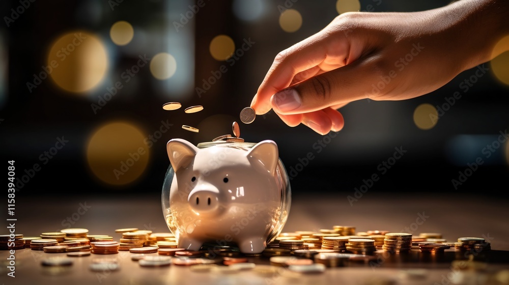 Poster a hand placing a coin into a piggy bank with a background of financial charts representing the conce