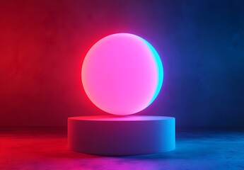 A Captivating Neon Sphere Illuminating a Modern Pedestal Against a Gradient Background of Vibrant Blue and Red Hues for Trendy Digital Designs