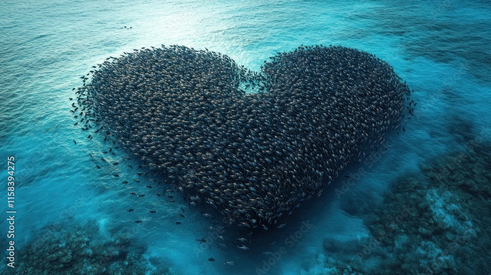 Poster aerial view of a large school of fish forming a heart shape in the ocean.