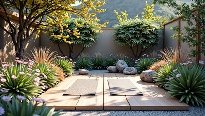 Obraz premium A tranquil outdoor space with yoga mats surrounded by lush flora and peaceful stones, 3d rendering of zen garden concept.