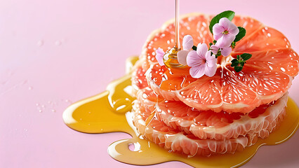 Close up of honey dripping onto a stack of fresh grapefruit slices, garnished with pink flowers.  Concept of healthy food, breakfast, sweetness, citrus, freshness.