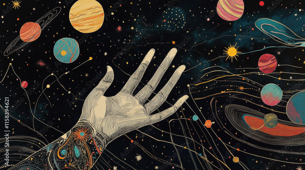 Poster abstract image of a hand pick up the high tower in the form of a starry sky or space, consisting of 