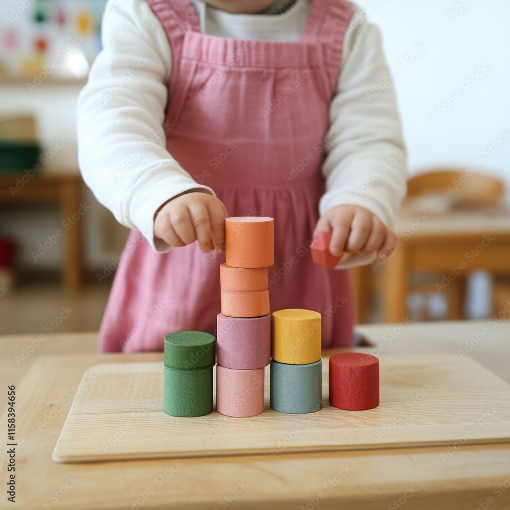 Poster child engaged in playful learning with colorful stacking blocks, enhancing motor skills and creativi