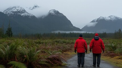 Fototapeta premium Two hikers in red jackets exploring a misty mountain landscape with snow-capped peaks, lush greenery, and a tranquil atmosphere in the wilderness of a national park.