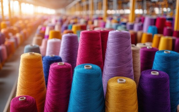 Vibrant yarn cones fill a warehouse, a tapestry of colors ready for creation. A colorful textile industry scene.