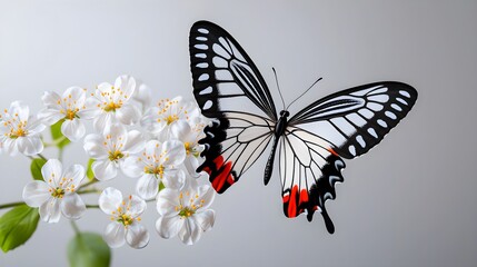 Beautiful butterfly perched on delicate white flowers against a soft gray background, showcasing intricate wing patterns and vibrant colors for nature photography enthusiasts