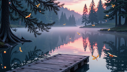 Fototapeta premium Serene sunset at a misty lake with fireflies and pine trees, digital painting of landscape concept.