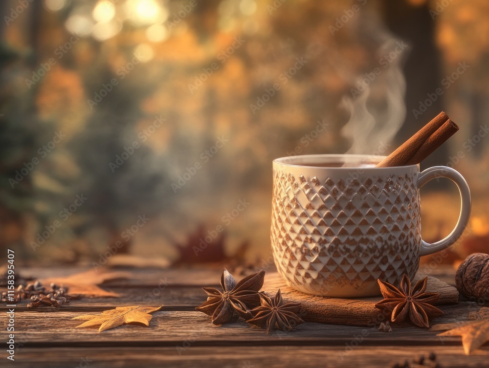 Poster warm autumn beverage in patterned mug on rustic wooden table with spices and leaves, blurred forest 