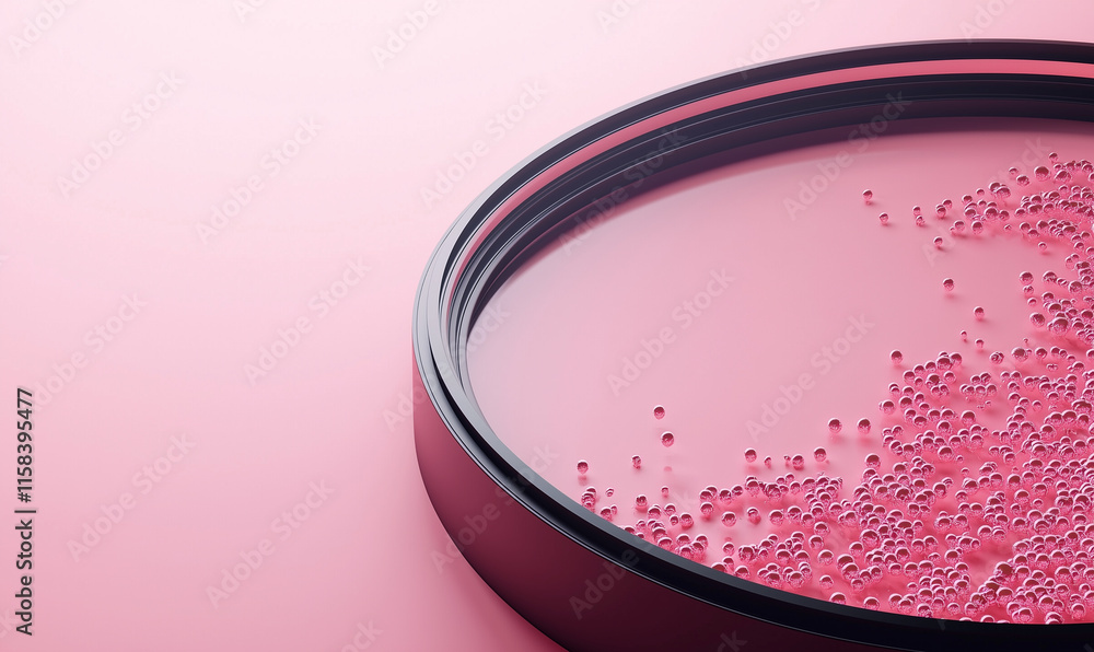 Poster a circular black frame with pink beads scattered on a soft pink background, creating a minimalist an