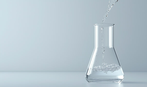 Clear glass beaker with water being poured in, set against a minimalist background, symbolizing scientific research and experimentation.