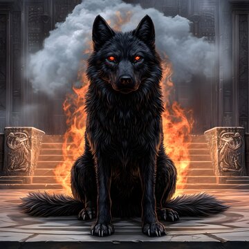 Majestic Black Wolf with Fiery Eyes Sitting in Front of an Ancient Stone Doorway Surrounded by Dark Clouds and Mysterious Smoke