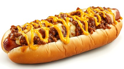Hearty chili cheese hotdog with a drizzle of hot sauce and melted cheddar
