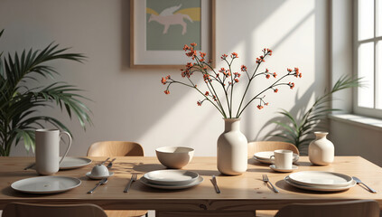 Elegant table setting with minimalist decor and fresh flowers in a sunlit dining room, photography of interior design concept.