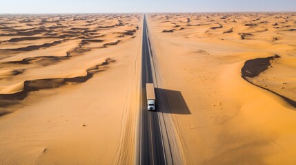 Aerial view of a truck on a long desert road.