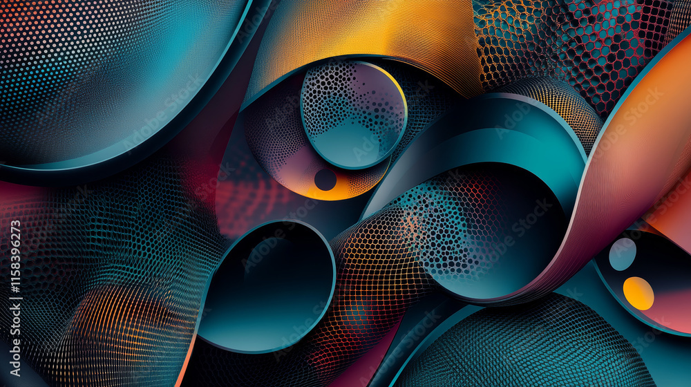 Poster 3d laptop blue abstract mesh background with circles, lines and shapes . design computer layout for 