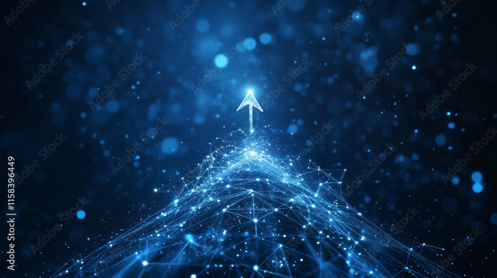 Poster an arrow up composed of polygons. low poly vector illustration of a starry sky or comos style. a gro