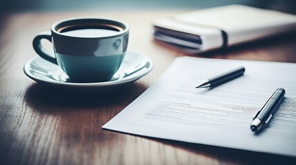 Close up view of detailed financial reports pen and cup of coffee on a wooden desk representing a productive work session for financial analysis planning and decision making