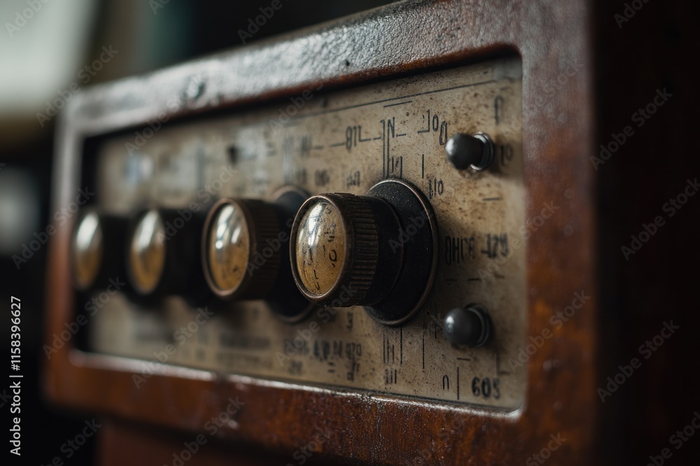 Aufkleber close-up of vintage rusty control panel with knobs and dials.