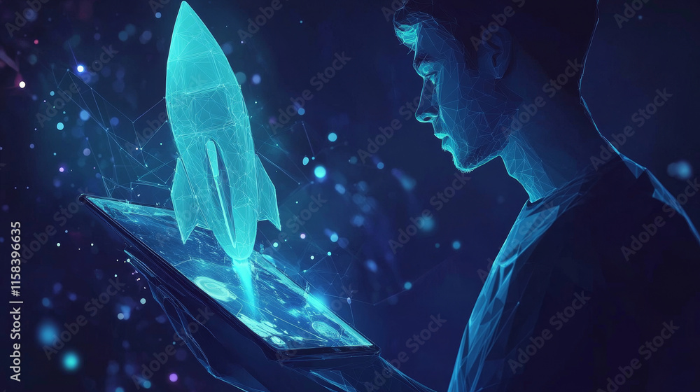 Poster an abstract businessman is holding a tablet with rocket launching a hologram. digital boosting or st