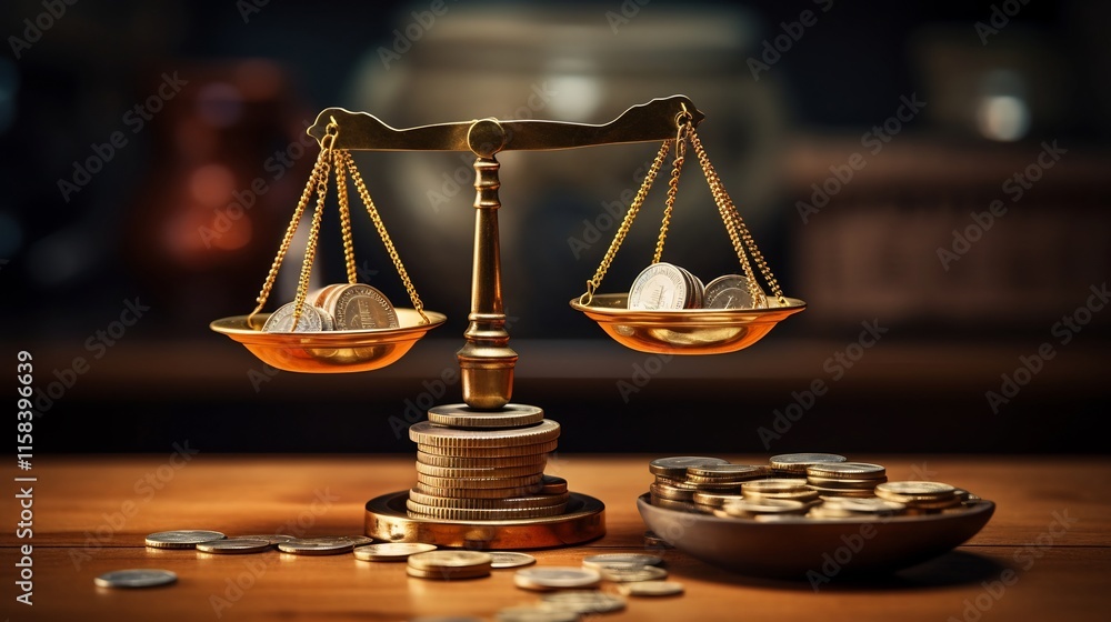 Poster balanced financial analysis represented by a scale with stacks of coins on one side and financial ch