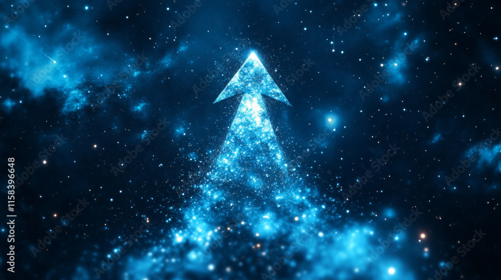 Poster an arrow up composed of polygons. low poly vector illustration of a starry sky or comos style. a gro