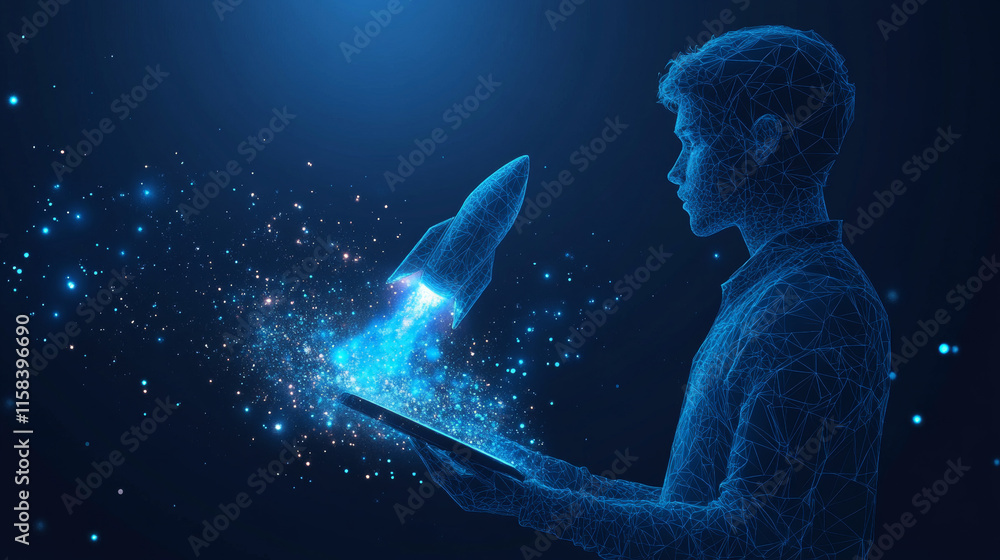 Poster an abstract businessman is holding a tablet with rocket launching a hologram. digital boosting or st