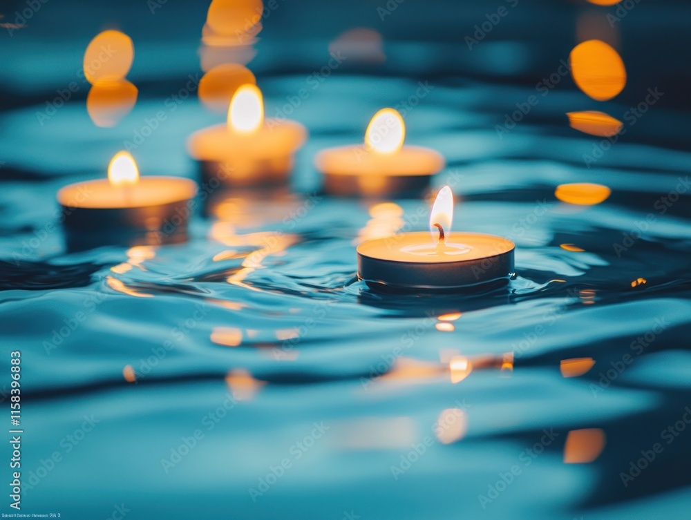 Poster floating candles on water, creating a serene and relaxing atmosphere.